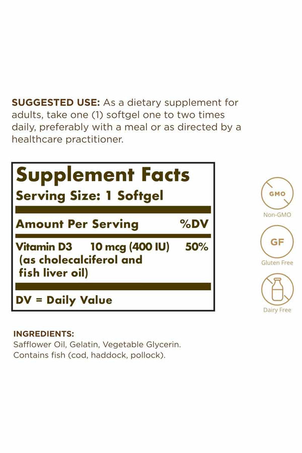 Solgar Vitamin D3 10 Mcg ( 400 iu ) 250 Softgels