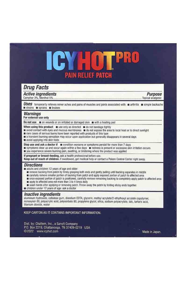 Icy Hot Pro Pain Relief Patch Menthol 5% Camphor 3% 5 Parches