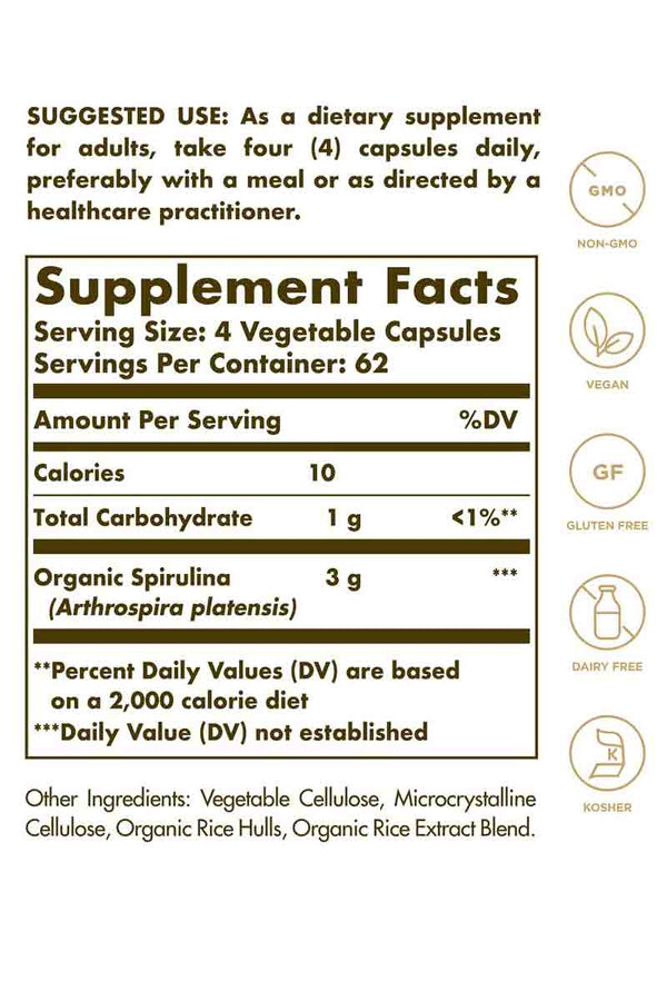 Solgar Spirulina 750 mg 250 Capsulas Vegetales