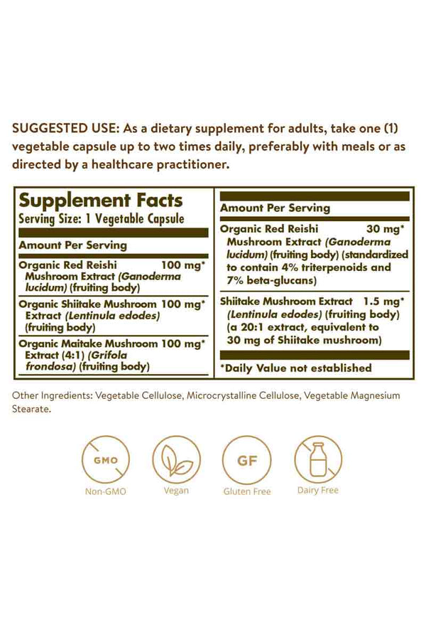Solgar Reishi Shiitake Maitake - extracto de hongos 50 capsulas