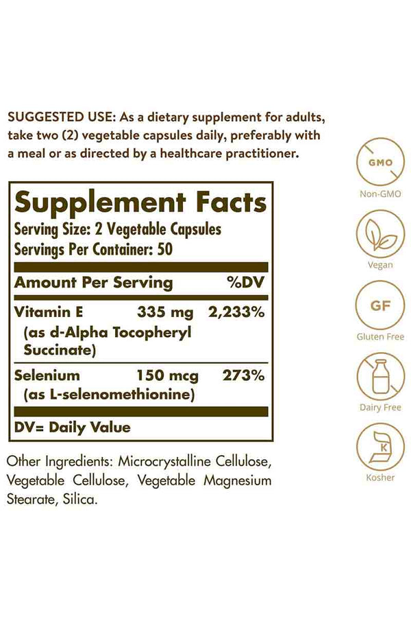 Solgar Vitamin Dry E With Yeast Free Selenium 100 Capsulas