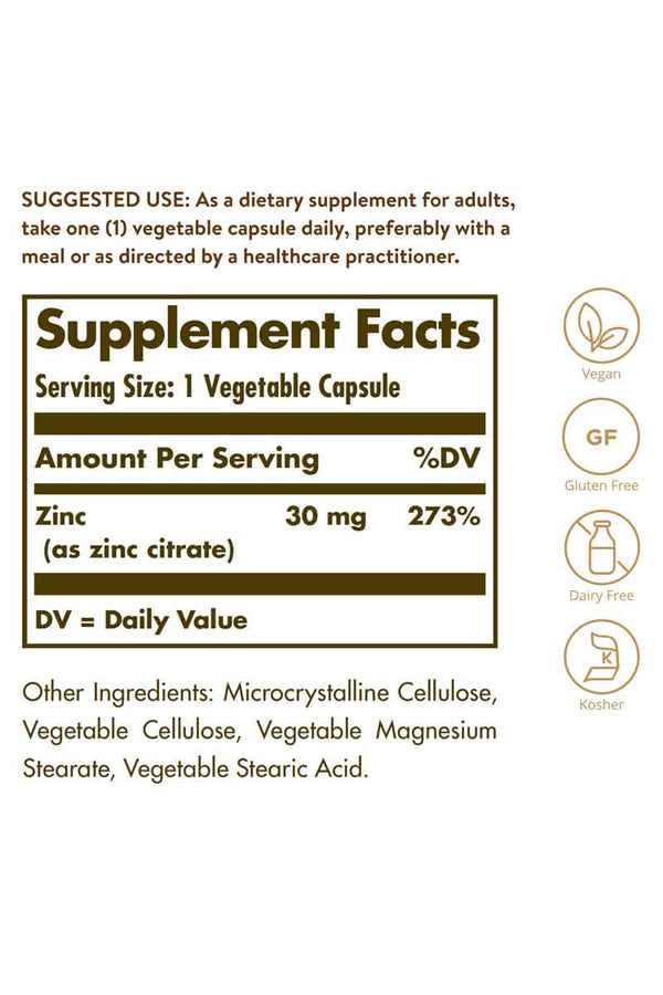 Solgar Zinc Citrate 30 mg 100 capsulas