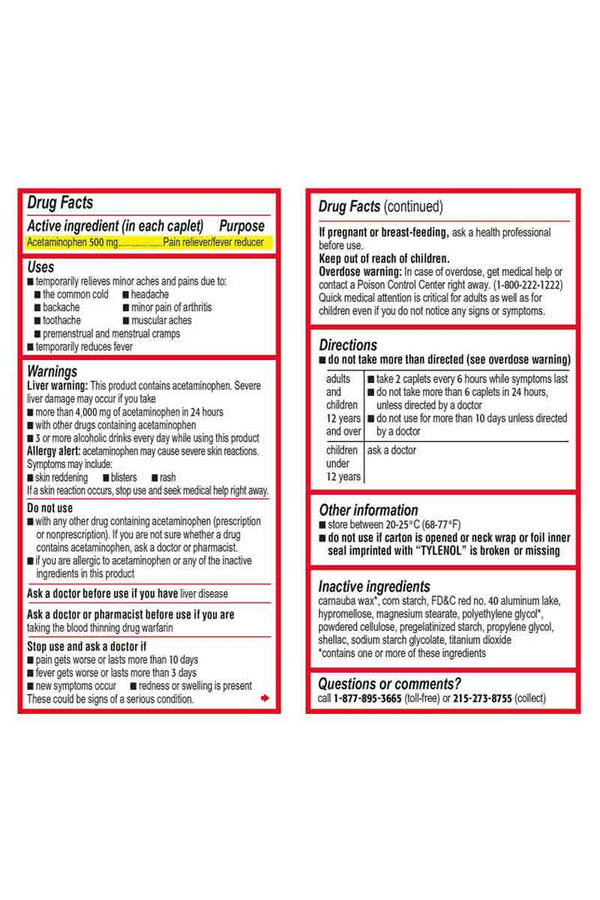 Tylenol Acetaminophen Extra Strenght 500 mg 325 Caplets