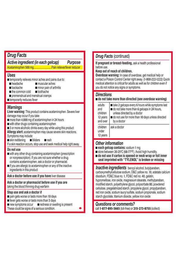 Tylenol Acetaminophen Rapid Release Gels 500 mg 290 Gelcaps