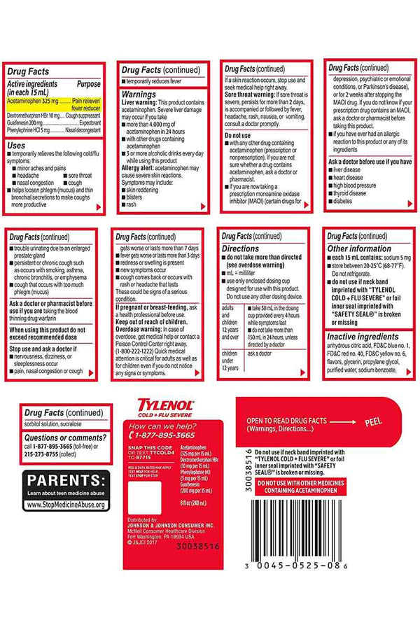 Tylenol Cold + Flu Severe Day Liquid-Jarabe Para El Alivio De La Fiebre, Dolor De Garganta, Tos, Congestión Y Dolores Leves 240ml