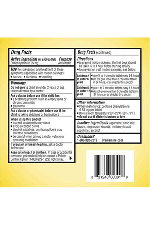Dramamine Motion Sickness For Kids - Alivio del mareo para niños 8 Tabletas Masticables